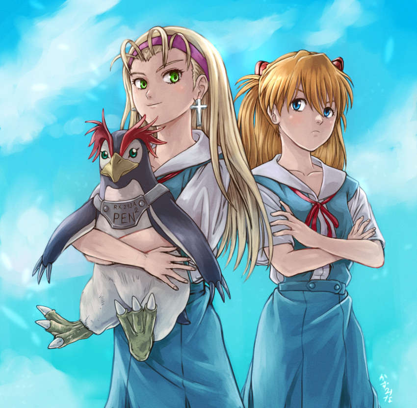 2girls animal bird blonde_hair blue_eyes blue_skirt blue_sky choppy_bangs cloud cloudy_sky collarbone commentary cross cross_earrings crossed_arms earrings green_eyes hair_between_eyes hair_ornament hairband hands_up highres holding holding_animal interface_headset jewelry kazumiminagawa long_hair marie_vincennes multiple_girls neck_ribbon neon_genesis_evangelion orange_hair penguin penpen red_ribbon ribbon school_uniform shirt short_sleeves skirt sky smile souryuu_asuka_langley suspender_skirt suspenders tokyo-3_middle_school_uniform two_side_up white_shirt