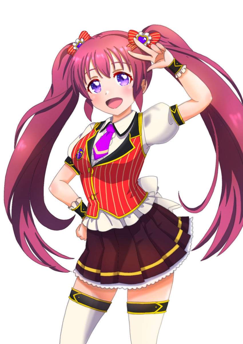 1girl :d arm_up black_skirt bow breasts collared_shirt commentary_request cowboy_shot frilled_skirt frills hair_bow hand_on_own_hip highres idol_clothes long_hair love_live! love_live!_school_idol_festival miyashita_coco_(love_live!) multicolored_vest necktie pleated_skirt puffy_short_sleeves puffy_sleeves purple_eyes purple_necktie red_hair red_vest shirt short_sleeves skirt smile standing striped_clothes striped_vest thighhighs twintails two-tone_skirt v_over_head vertical-striped_clothes vertical-striped_vest vest white_background white_shirt white_thighhighs wrist_cuffs yellow_skirt zabi zettai_ryouiki