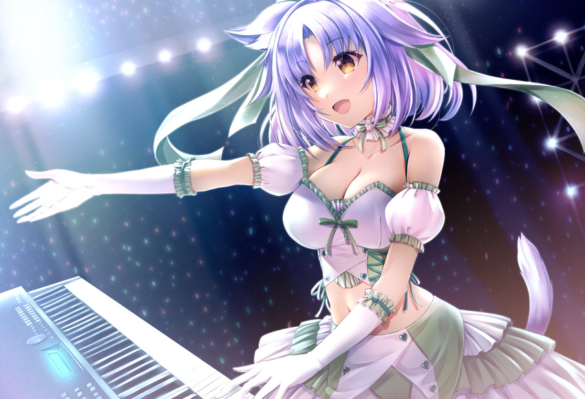 :d animal_ears bare_shoulders blush breasts buttons cat_ears cat_girl cat_tail choker cinnamon_(nekopara) cleavage collarbone commentary_request commission concert cowboy_shot crop_top detached_sleeves elbow_gloves eyes_visible_through_hair floating_clothes frilled_choker frilled_gloves frilled_sleeves frills gloves glowstick green_ribbon green_skirt hair_ribbon halterneck happy heart_button highres indoors instrument kamishiro_mai_(capti-no) keyboard_(instrument) large_breasts looking_afar medium_hair music navel neck_ribbon nekopara open_mouth parted_bangs playing_instrument puffy_short_sleeves puffy_sleeves purple_hair ribbon shirt short_sleeves skeb_commission skirt smile tail tail_raised two-tone_skirt white_gloves white_shirt white_skirt white_sleeves yellow_eyes