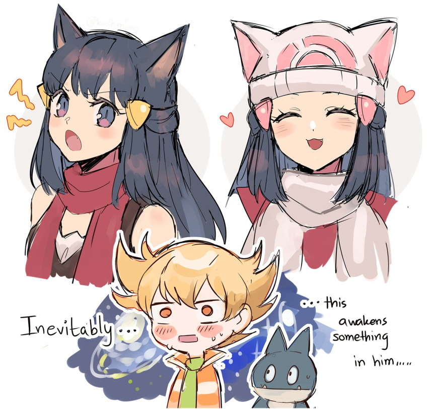 1boy 1girl :3 :o animal_ears bare_shoulders barry_(pokemon) black_dress black_eyes black_hair blonde_hair blush cat_ears closed_eyes commentary dawn_(pokemon) dress english_text green_scarf hair_ornament hairclip hat heart highres kash-phia long_hair munchlax open_mouth orange_eyes orange_shirt pokemon pokemon_(creature) pokemon_dppt pokemon_platinum red_scarf scarf shirt short_hair symbol-only_commentary upper_body white_hat white_scarf