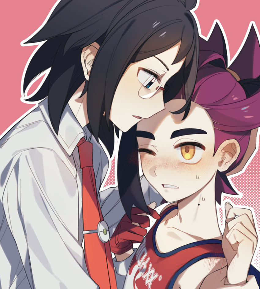 black_hair blush cheren_(pokemon) collared_shirt glasses gloves highres kieran_(pokemon) lostoria_sv male_focus mole mole_on_neck multicolored_hair necktie nose_blush one_eye_closed outline parted_lips pink_background pokemon pokemon_bw2 pokemon_sv purple_hair red_gloves shirt shoulder_blush single_glove sweat upper_body white_outline white_shirt yaoi