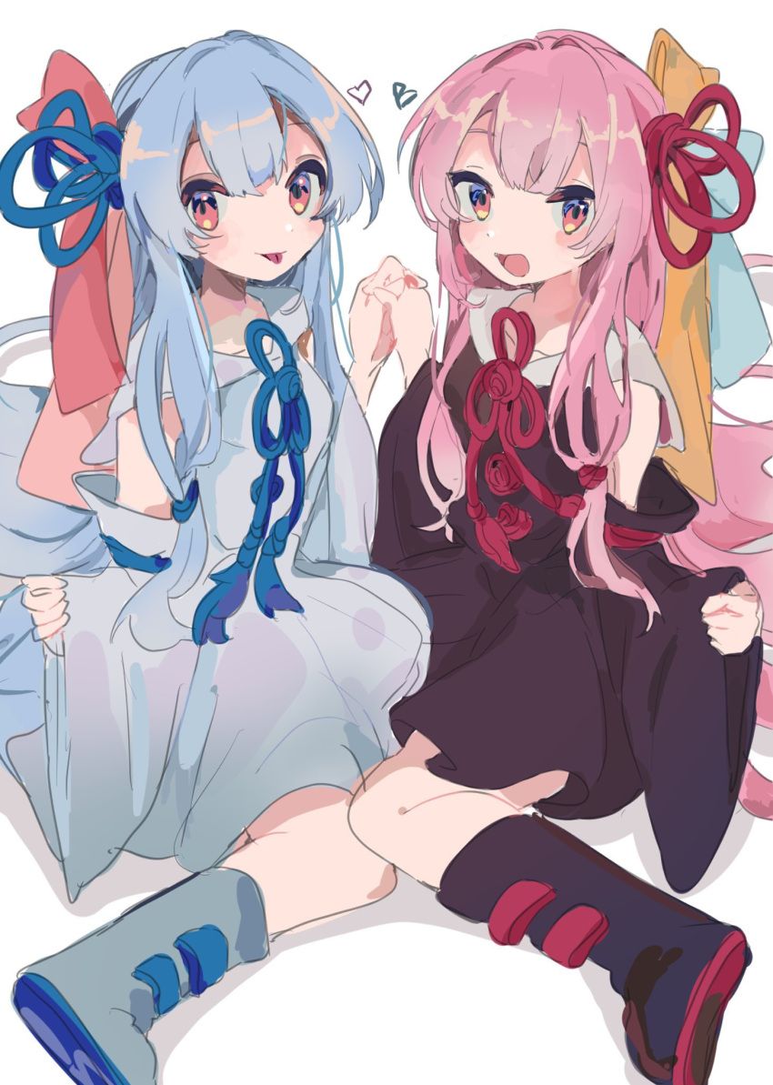 2girls black_dress black_footwear black_sleeves blue_hair blue_ribbon boots closed_mouth collared_dress dress flower_knot full_body grey_dress grey_footwear grey_sleeves hair_ribbon hands_up heart highres holding_hands interlocked_fingers knee_boots kotonoha_akane kotonoha_aoi long_hair looking_at_viewer low-tied_sidelocks multiple_girls neck_ribbon nomi_mushi open_mouth pinching_sleeves pink_eyes pink_hair red_ribbon ribbon short_dress siblings simple_background sisters sitting smile tongue tongue_out very_long_hair voiceroid yellow_ribbon