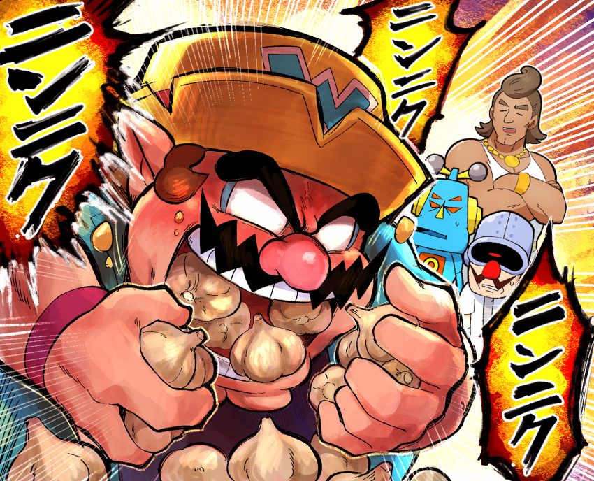 4boys blank_eyes brown_hair cleft_chin crossed_arms dr._crygor facial_hair food_in_mouth garlic gold_necklace hat highres hoshi_(star-name2000) jewelry lab_coat mike_(warioware) mr._sparkles multiple_boys mustache necklace pointy_ears robot shirt warioware warioware:_move_it! white_shirt yellow_hat