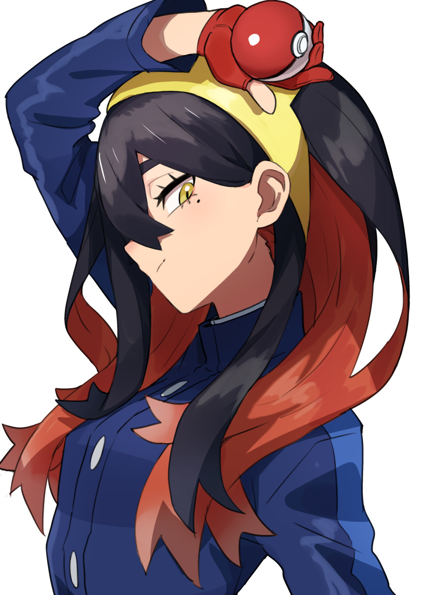 1girl absurdres arm_above_head black_hair blue_jacket blueberry_academy_school_uniform carmine_(pokemon) closed_mouth colored_inner_hair eyelashes from_side gazacy_(dai) gloves hair_between_eyes hairband highres holding holding_poke_ball jacket long_hair long_sleeves looking_at_viewer mole mole_under_eye multicolored_hair partially_fingerless_gloves poke_ball poke_ball_(basic) pokemon pokemon_sv red_gloves red_hair school_uniform solo two-tone_hair upper_body white_background yellow_eyes yellow_hairband