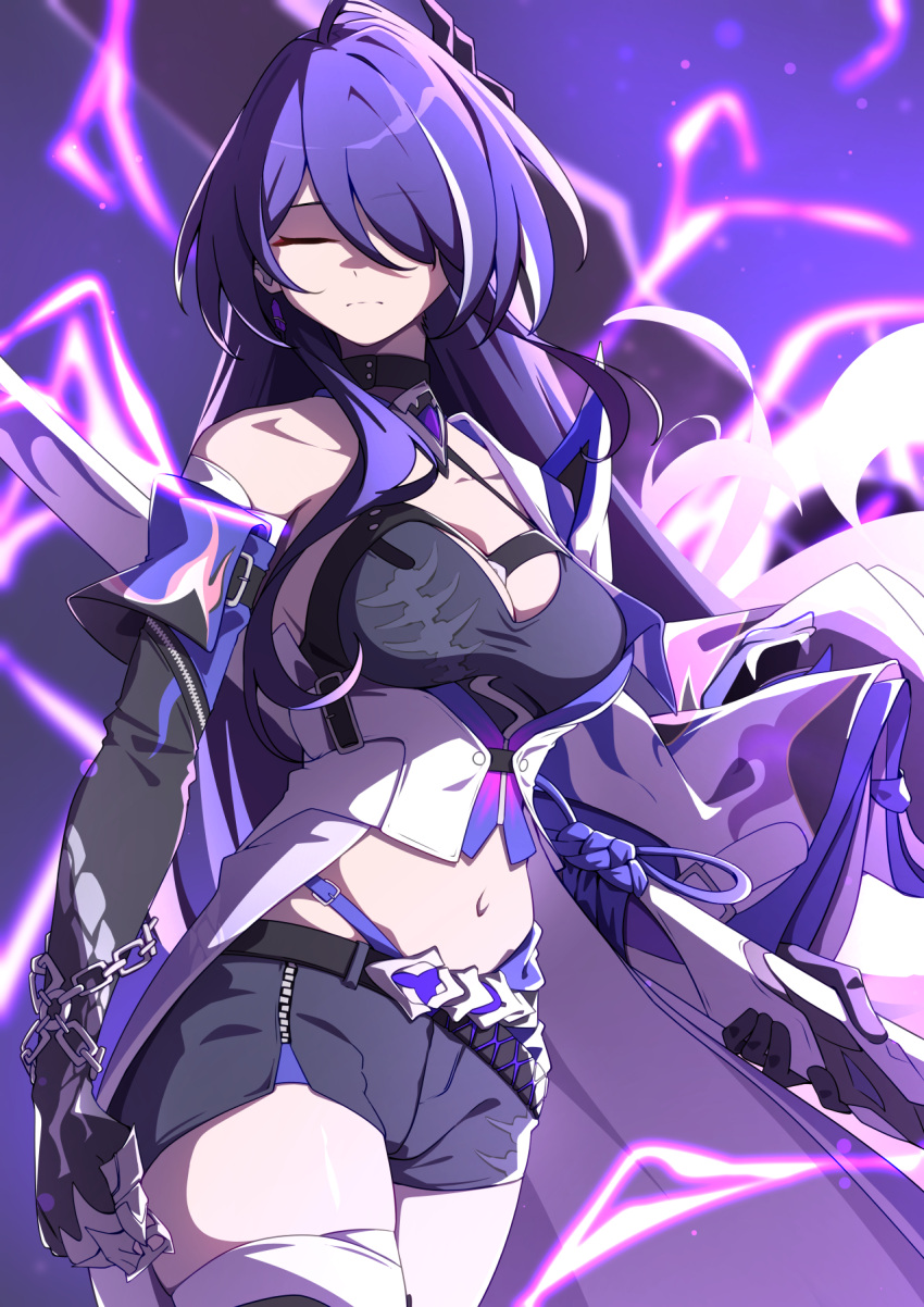 1girl acheron_(honkai:_star_rail) arm_belt bandaged_arm bandaged_leg bandages belt black_belt black_choker black_gloves black_shorts breasts chain chain_around_arm choker cleavage closed_eyes coat commentary_request cowboy_shot criss-cross_halter detached_sleeves ecliygame elbow_gloves electricity facing_viewer gloves hair_ornament hair_over_one_eye halterneck highres holding holding_sheath honkai:_star_rail honkai_(series) large_breasts long_hair midriff multicolored_hair navel purple_hair scabbard sheath short_shorts shorts single_bare_shoulder single_detached_sleeve solo standing stomach streaked_hair thighs very_long_hair white_coat