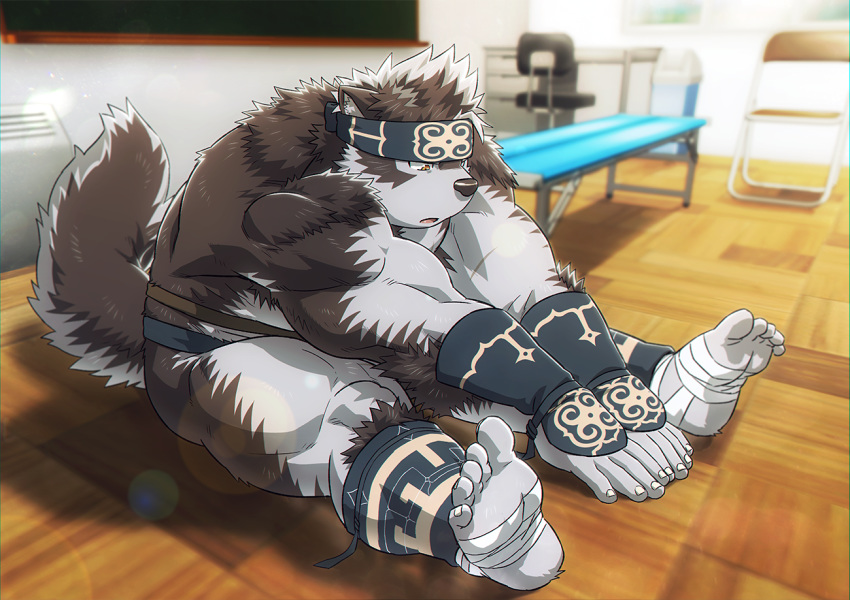 anthro canine fur headband hi_res horkeukamui kemono male mammal multicolored_fur muscular muscular_male pecs rossciaco simple_background solo tokyo_afterschool_summoners white_fur wolf