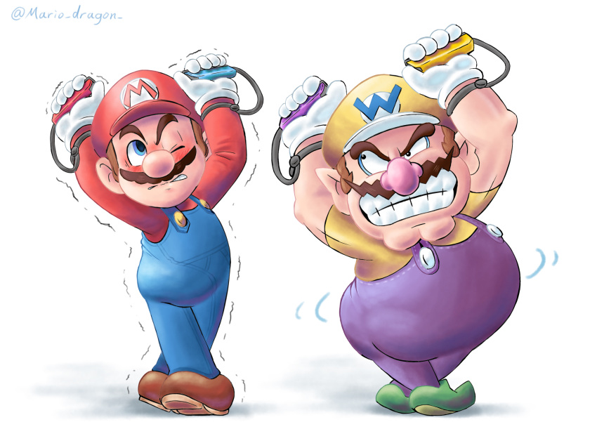 2boys artist_name big_nose blue_overalls brown_footwear brown_hair facial_hair green_footwear grin hat highres joy-con mario mario_(series) mario_dragon multiple_boys mustache one_eye_closed overalls pointy_ears purple_overalls red_hat red_shirt shirt simple_background smile trembling wario white_background yellow_hat yellow_shirt