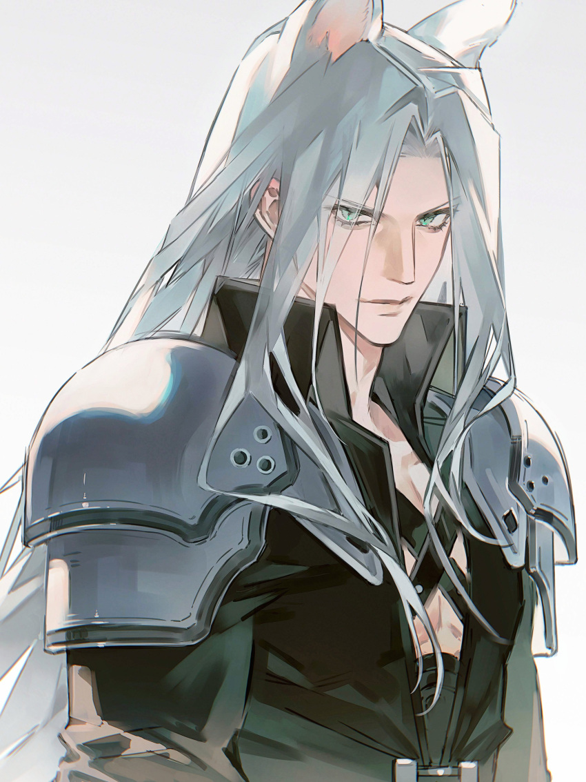 1boy absurdres animal_ears armor belt black_belt black_coat chest_strap coat final_fantasy final_fantasy_vii glaring green_eyes grey_background grey_hair hanning_rolando high_collar highres kemonomimi_mode long_bangs long_hair looking_at_viewer male_focus open_clothes open_coat parted_bangs pauldrons sephiroth shoulder_armor simple_background slit_pupils solo standing upper_body