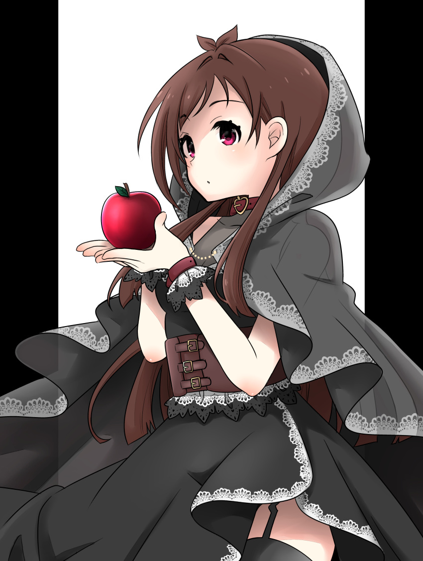 1girl absurdres antenna_hair apple black_dress black_scrunchie black_thighhighs blush breasts brown_corset brown_hair choker corset cowboy_shot dress food from_side fruit garter_straps hands_up highres holding holding_food holding_fruit hood hood_up idolmaster idolmaster_cinderella_girls idolmaster_cinderella_girls_starlight_stage lace-trimmed_dress lace_trim long_hair looking_at_viewer maka073 medium_breasts parted_lips red_choker red_eyes scrunchie shaded_face simple_background thighhighs tsujino_akari two-tone_background underbust wrist_scrunchie