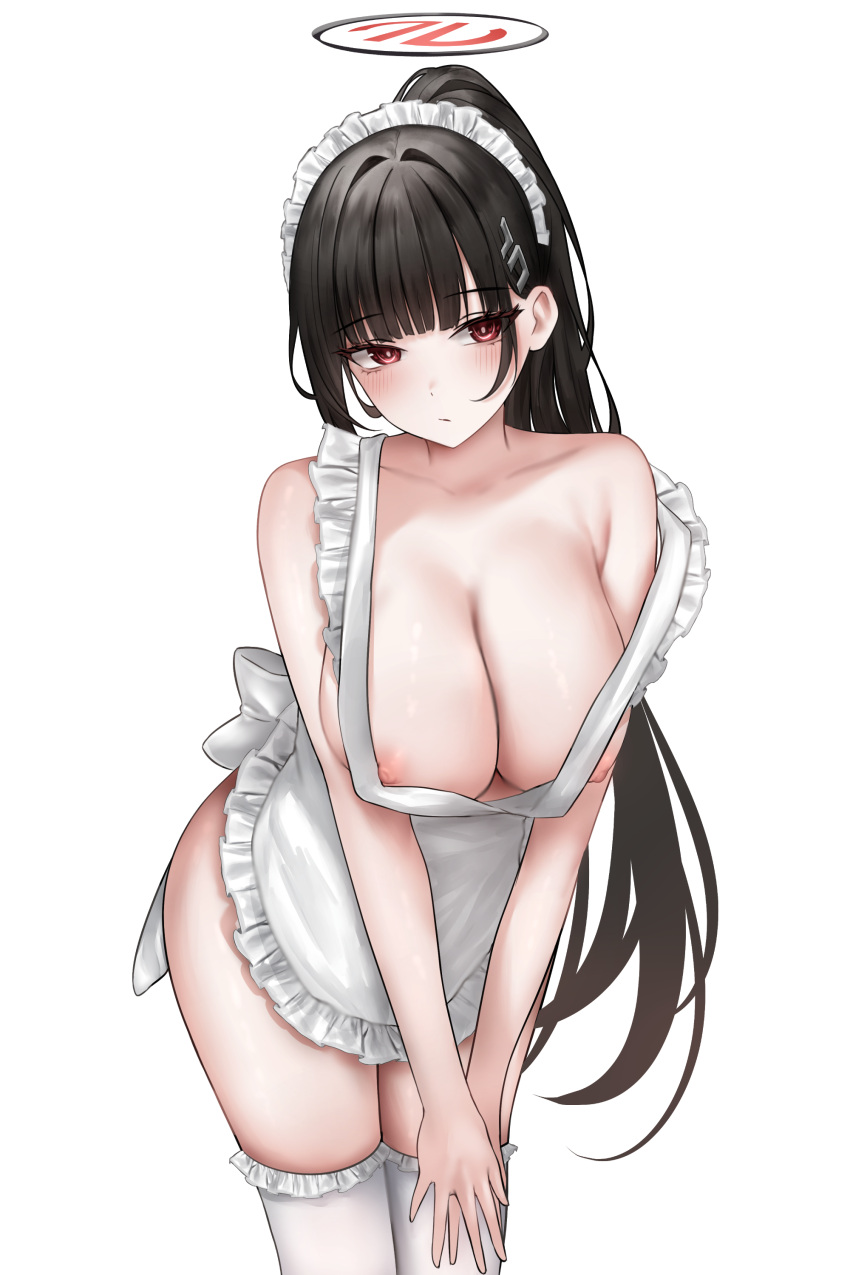 1girl absurdres apron at_congju black_hair blue_archive blush breasts collarbone halo highres large_breasts leaning_forward long_hair looking_at_viewer maid_apron naked_apron nipple_slip nipples own_hands_together ponytail red_eyes rio_(blue_archive) simple_background solo thighhighs very_long_hair white_apron white_background white_thighhighs