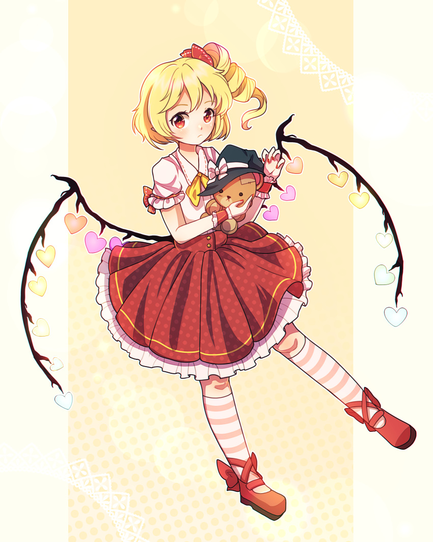 1girl absurdres ascot blonde_hair closed_mouth crystal_wings dress drill_hair dungeon_toaster flandre_scarlet full_body hat heart highres mary_janes red_dress red_eyes shoes side_ponytail solo striped_clothes striped_thighhighs stuffed_animal stuffed_toy teddy_bear thighhighs touhou witch_hat yellow_ascot