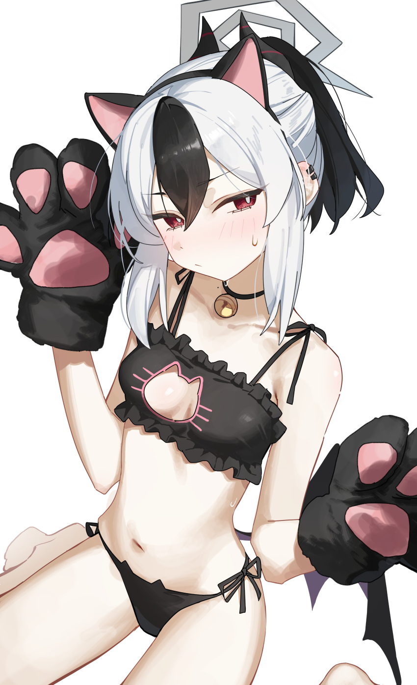 1girl absurdres alternate_costume animal_hands bell black_bra black_gloves black_hair black_panties blue_archive bra breasts cat_cutout cat_lingerie cat_paws clothing_cutout embarrassed gloves grey_halo hair_between_eyes halo highres jingle_bell kayoko_(blue_archive) meme_attire multicolored_hair navel panties paw_gloves ponytail red_eyes simple_background small_breasts solo stomach sweat syhan underwear white_background white_hair