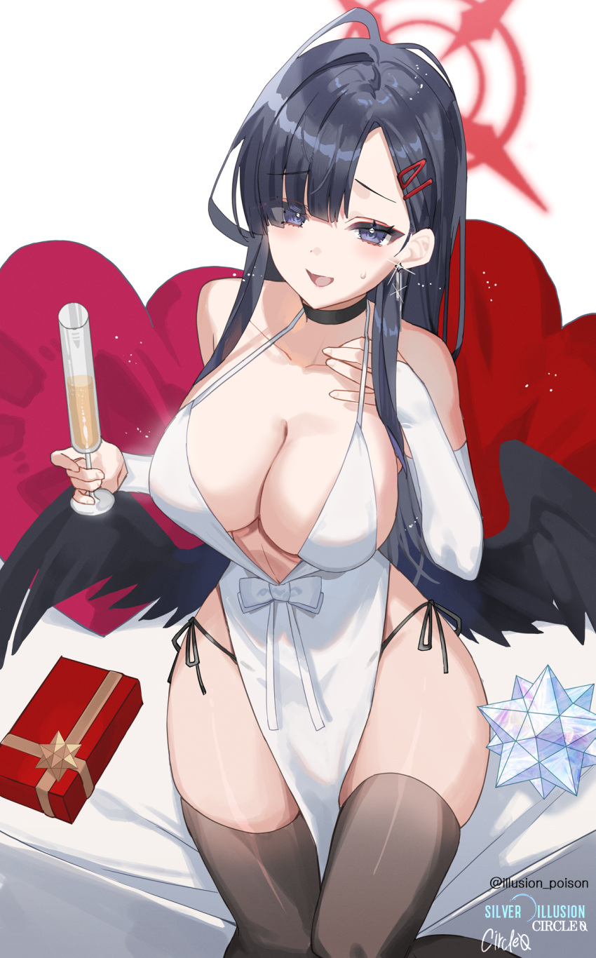 1girl black_hair black_wings blue_archive blue_eyes box breasts choker cleavage cup dress gift gift_box hair_ornament hairclip halo highres holding holding_cup hwansang_jungdog ichika_(blue_archive) large_breasts long_hair red_halo smile solo unusually_open_eyes white_dress wings