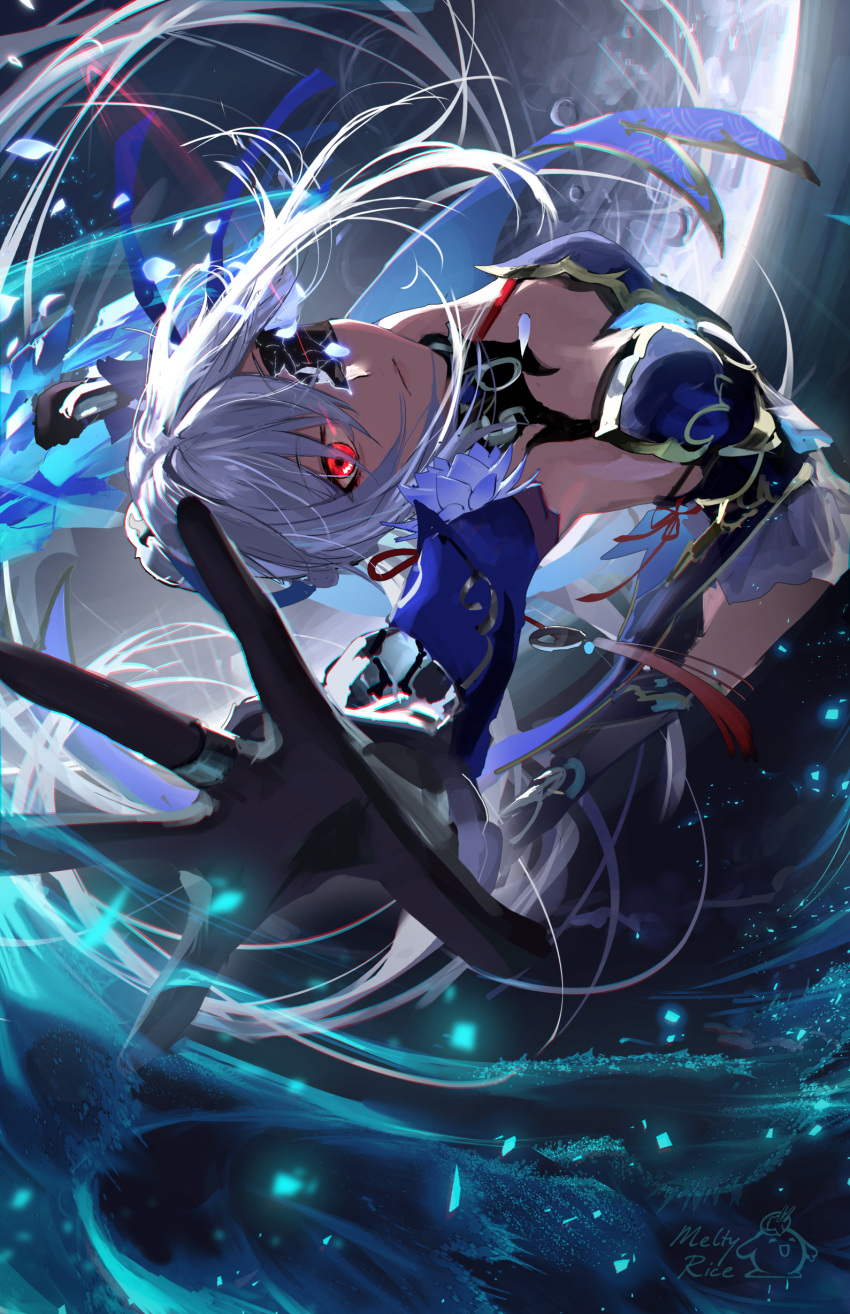 1girl absurdres black_gloves blue_dress closed_mouth commentary_request detached_sleeves dress dynamic_pose expressionless flower full_body gloves grey_hair hair_between_eyes highres holding honkai:_star_rail honkai_(series) jewelry jingliu_(honkai:_star_rail) long_hair looking_at_viewer meltyrice moon one_eye_covered outstretched_hand red_eyes ring sidelocks signature skirt solo