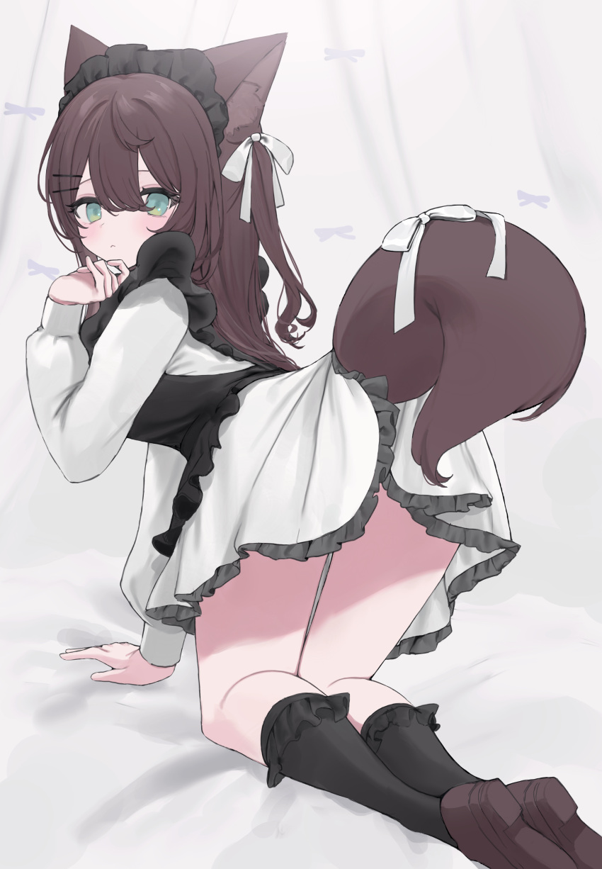 1girl :&lt; absurdres all_fours animal_ear_fluff animal_ears apron black_apron black_socks bow brown_hair double-parted_bangs dress frilled_dress frills from_behind green_eyes hair_between_eyes hair_bow hand_on_own_chin hand_up highres kneehighs kohaku_sogo loafers long_hair looking_at_viewer maid maid_headdress one_side_up original shoes socks solo tail tail_bow tail_ornament white_bow white_dress