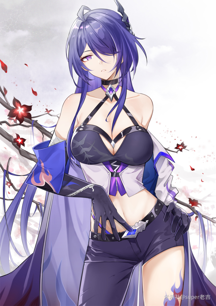 1girl acheron_(honkai:_star_rail) armpit_crease asymmetrical_pants bandaged_arm bandages bare_shoulders belt black_belt black_choker black_gloves black_pants branch breasts chinese_commentary choker cleavage coat commentary_request cowboy_shot criss-cross_halter detached_sleeves diamond-shaped_pupils diamond_(shape) flower gloves hair_ornament hair_over_one_eye halterneck hand_on_own_hip highres honkai:_star_rail honkai_(series) large_breasts leg_tattoo long_hair looking_at_viewer midriff multicolored_hair navel pants parted_lips purple_eyes purple_hair red_flower red_petals single_detached_sleeve solo streaked_hair super_laoji symbol-shaped_pupils tattoo very_long_hair white_background white_coat