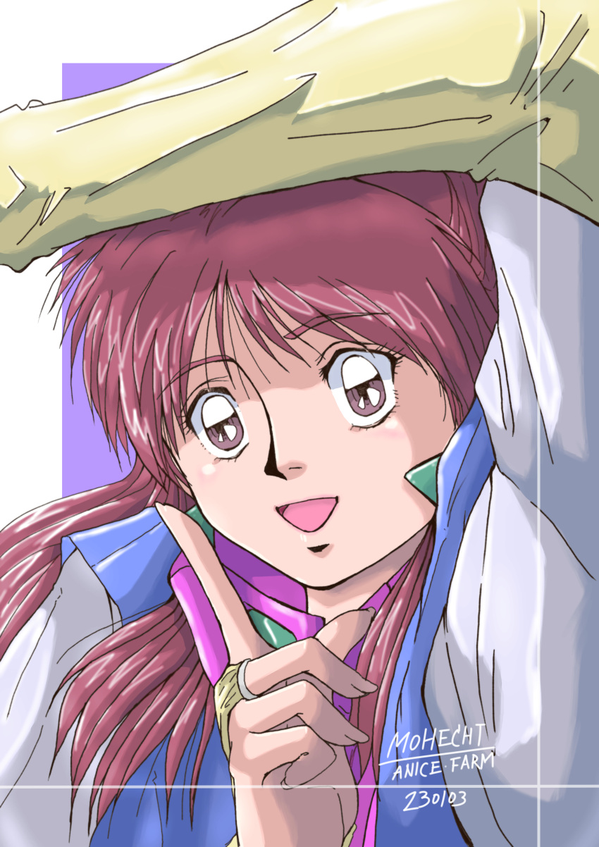 1girl absurdres anice_farm arm_up character_name chouon_senshi_borgman dated highres index_finger_raised long_hair looking_to_the_side open_mouth red_hair scottmohechi solo