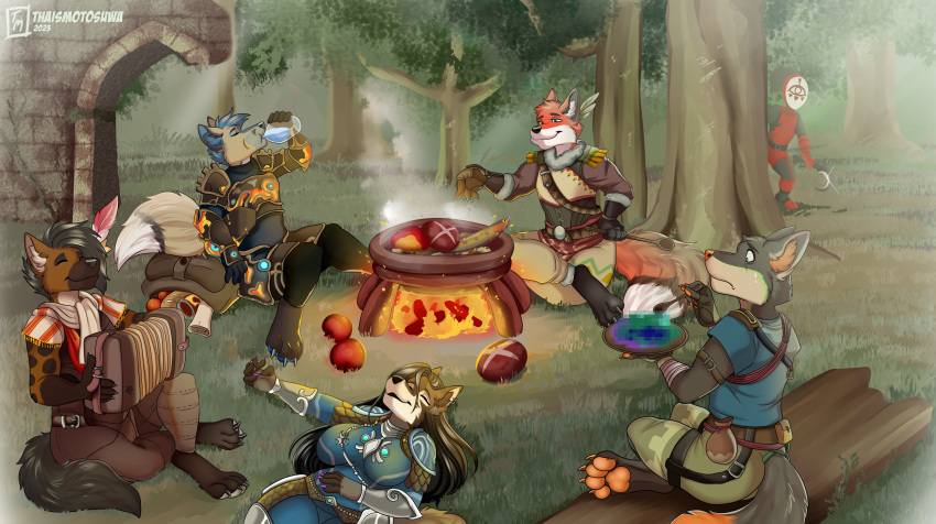 2023 absurd_res alst anthro armor breath_of_the_wild canid canine canis clothing cosplay costume domestic_dog female firepit fireplace food forest forest_background fox group hi_res hyena male mammal menzo mexican_wolf nature nature_background nintendo plant potion potion_bottle tears_of_the_kingdom thaismotosuwa the_legend_of_zelda tree wolf