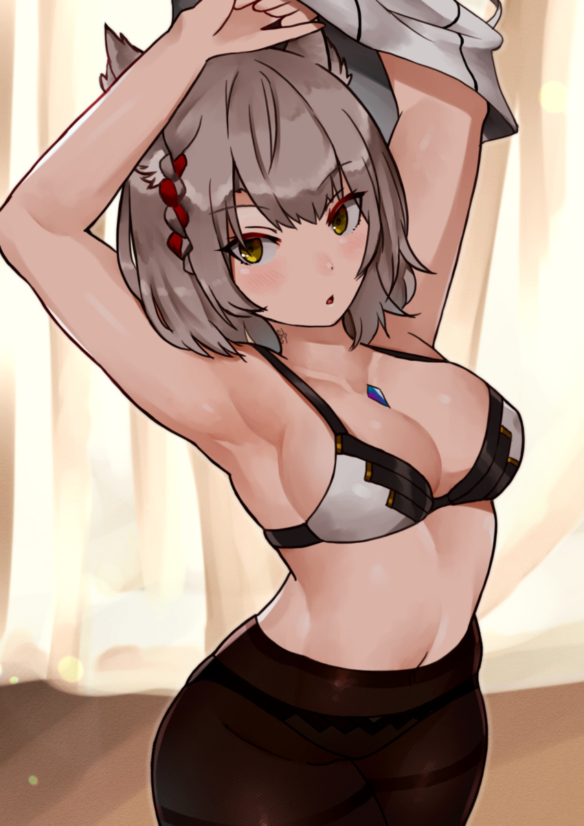 absurdres animal_ears armpits arms_up black_bra black_pantyhose bra braid breasts cat_ears chest_jewel cleavage commentary_request core_crystal_(xenoblade) grey_hair highres looking_at_viewer medium_breasts mio_(xenoblade) navel open_mouth panties panties_under_pantyhose pantyhose short_hair solo thighband_pantyhose two-tone_bra underwear undressing white_bra xenoblade_chronicles_(series) xenoblade_chronicles_3 yellow_eyes yotsuha_uni