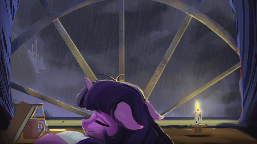 2018 animated book candle chair cloud equine female feral fire friendship_is_magic hair horn inside mammal multicolored_hair my_little_pony night paperdrop raining sky sleeping solo table twilight_sparkle_(mlp) unicorn unicorn_horn