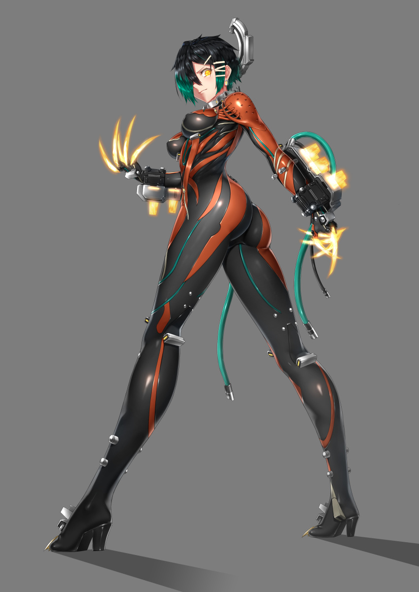 absurdres aqua_hair ass black_bodysuit black_hair blush bodysuit breasts claws closed_mouth commentary_request covered_nipples energy_weapon from_behind full_body glowing gradient_hair grey_background hair_ornament hair_over_one_eye hairclip headgear highres kai_(pixiv12466647) long_legs looking_at_viewer looking_back medium_breasts multicolored multicolored_bodysuit multicolored_clothes multicolored_hair orange_bodysuit personification shiny shiny_clothes shiny_hair short_hair simple_background skin_tight solo standing valkyr_(warframe) warframe yellow_eyes