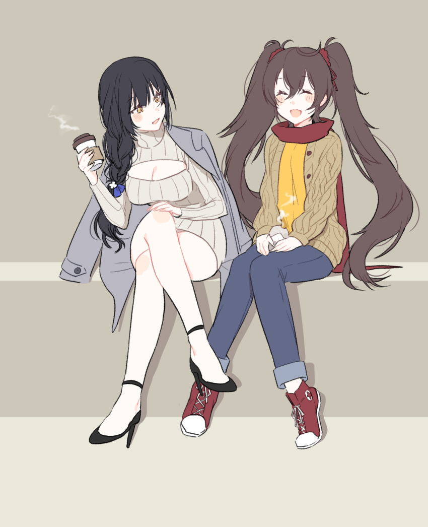 :d ^_^ ^o^ alternate_costume alternate_hairstyle bangs baozi bare_legs black_footwear blue_ribbon blunt_bangs blush braid breasts brown_background brown_eyes casual cleavage cleavage_cutout closed_eyes cup denim disposable_cup eyebrows_visible_through_hair food full_body girls_frontline grey_jacket grey_sweater hair_ribbon hand_on_own_knee high_heels highres holding holding_cup ia_(ias1010) jacket jacket_on_shoulders jeans large_breasts leaning_forward long_hair long_sleeves looking_to_the_side meme_attire multiple_girls open-chest_sweater open_mouth pants qbz-95_(girls_frontline) qbz-97_(girls_frontline) red_footwear red_scarf ribbed_jacket ribbon scarf shirt shoes simple_background single_braid sitting smile sneakers steam sweater tsurime turtleneck turtleneck_sweater twintails unbuttoned very_long_hair yellow_shirt