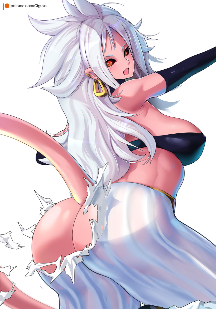 android_21 arm_warmers ass bare_shoulders black_sclera blush breasts butt_crack dragon_ball earrings fang from_behind harem_pants highres hoop_earrings jewelry large_breasts long_hair looking_at_viewer looking_back majin_android_21 messy_hair no_panties open_mouth outstretched_arms pants patreon_username pink_skin pointy_ears red_eyes senria simple_background solo spread_arms strapless tail torn_clothes torn_pants tubetop white_background white_hair