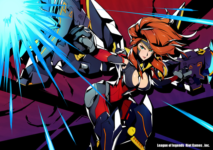 alternate_costume aqua_eyes bodysuit breasts cleavage cleavage_cutout commentary_request dual_wielding firing forehead_protector gun_goddess_miss_fortune highres holding kotatsu_(g-rough) large_breasts league_of_legends lips long_hair mecha_musume muzzle_flash official_art red_hair sarah_fortune shoulder_cannon solo