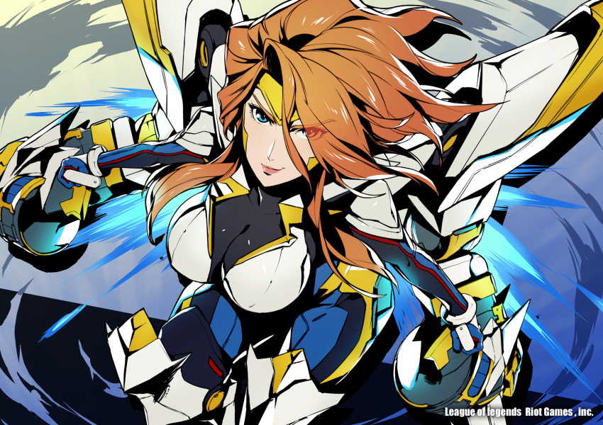 alternate_color alternate_costume blue_eyes bodysuit breasts brown_hair cleavage dual_wielding flying forehead_protector gun_goddess_miss_fortune hair_over_one_eye highres holding kotatsu_(g-rough) large_breasts league_of_legends lips long_hair mecha_musume power_suit sarah_fortune shoulder_cannon skin_tight solo thrusters