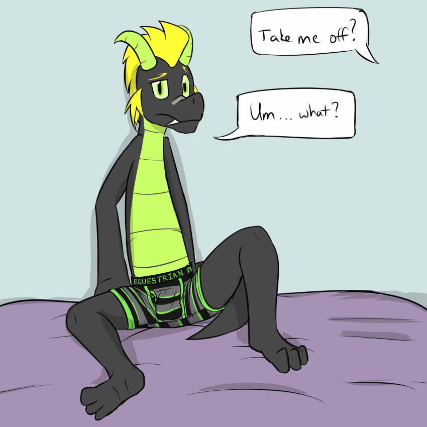 ... 3_toes ? anthro bed black_scales boxers_(clothing) bulge clothed clothing countershading dialogue digital_media_(artwork) dragon english_text fan_character fangs frill fur fuze fuzedragon gold_hair green_countershading green_eyes green_scales hair hi_res horn leaning looking_at_viewer male mohawk multicolored_scales my_little_pony open_mouth pattern_clothing raised_leg scales scalie sharp_teeth shorts simple_background sitting skimpy solo spread_legs spreading striped_bottomwear striped_clothing tail_between_legs teeth text toes tongue tuft two_tone_scales underwear unsure