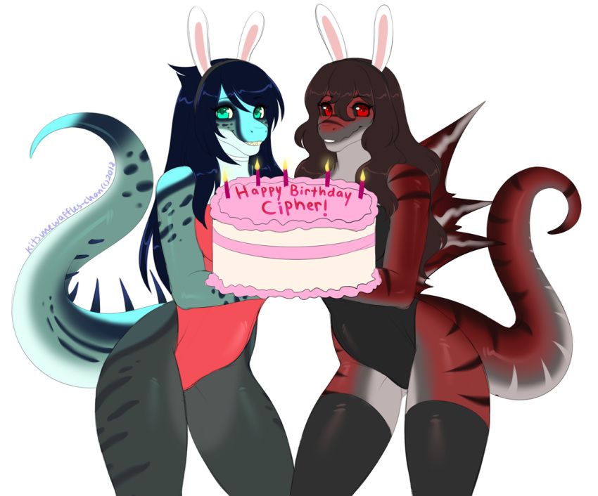 blue_hair blue_skin bodysuit brown_hair bunny_costume cake candle cipher-raid clothed clothing costume dinosaur duo female food green_eyes hair kitsune_waffles legwear long_hair long_tail nfsw640 red_eyes red_skin rubber skimpy skinsuit smile spandex spikes stockings swimsuit teeth thick_thighs tight_clothing