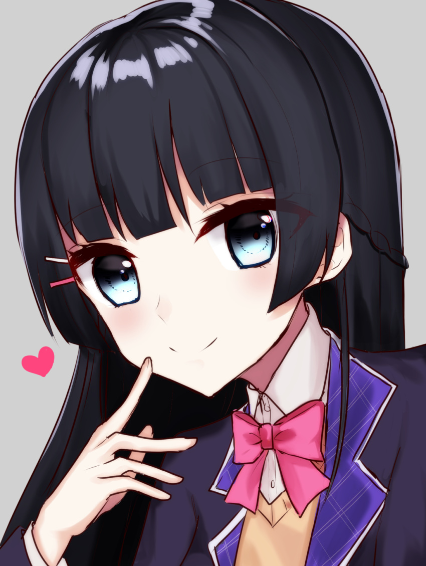 black_hair black_jacket blazer blue_eyes blush bow bowtie braid closed_mouth eyebrows_visible_through_hair hair_ornament hairclip highres hinaki_(aoi0410616) jacket long_hair looking_at_viewer nijisanji pink_bow pink_neckwear school_uniform smile solo tsukino_mito virtual_youtuber