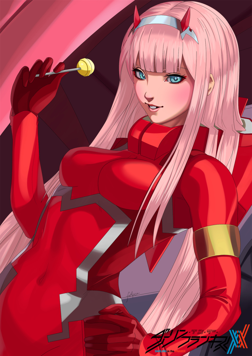aqua_eyes bangs blush bodysuit candy commentary_request darling_in_the_franxx eyeshadow food hairband hand_on_hip highres holding_candy horns kouichi09 lollipop long_hair makeup pilot_suit pink_hair red_bodysuit shiny shiny_hair skin_tight smile solo straight_hair white_hairband zero_two_(darling_in_the_franxx)
