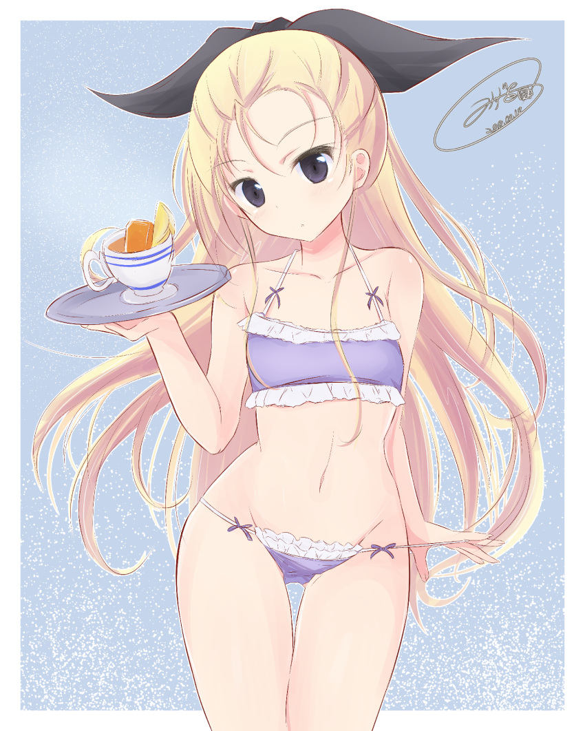 adjusting_clothes adjusting_swimsuit artist_name ass_visible_through_thighs assam bikini black_ribbon blonde_hair blue_background blue_eyes breasts collarbone commentary cowboy_shot cup dated food forehead frilled_bikini frills fruit getsumen_suibaku_ver._a(c) girls_und_panzer hair_pulled_back hair_ribbon head_tilt highres holding lemon lemon_slice light_particles long_hair looking_at_viewer navel outside_border parted_lips purple_bikini ribbon signature small_breasts solo standing swimsuit teacup thigh_gap tray