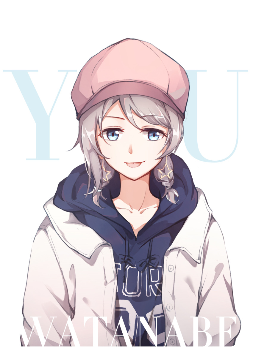 :p alternate_hairstyle blue_eyes blue_hoodie braid cabbie_hat character_name clothes_writing earrings gemi_25 grey_hair grey_jacket hat highres hood hood_down hoodie jacket jewelry love_live! love_live!_sunshine!! pink_hat short_braid solo star star_earrings tongue tongue_out twin_braids upper_body watanabe_you white_background