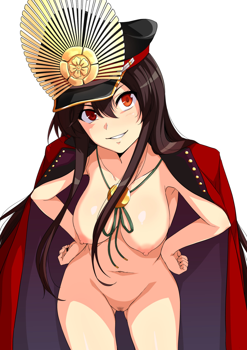 absurdres black_hair breasts censored cowboy_shot fate/grand_order fate_(series) grin hands_on_hips haruhisky hat highres large_breasts leaning_forward long_hair looking_at_viewer mosaic_censoring navel nipples oda_nobunaga_(fate) oda_nobunaga_(swimsuit_berserker)_(fate) parted_lips peaked_cap pubic_hair pussy red_eyes shiny shiny_skin simple_background smile solo white_background