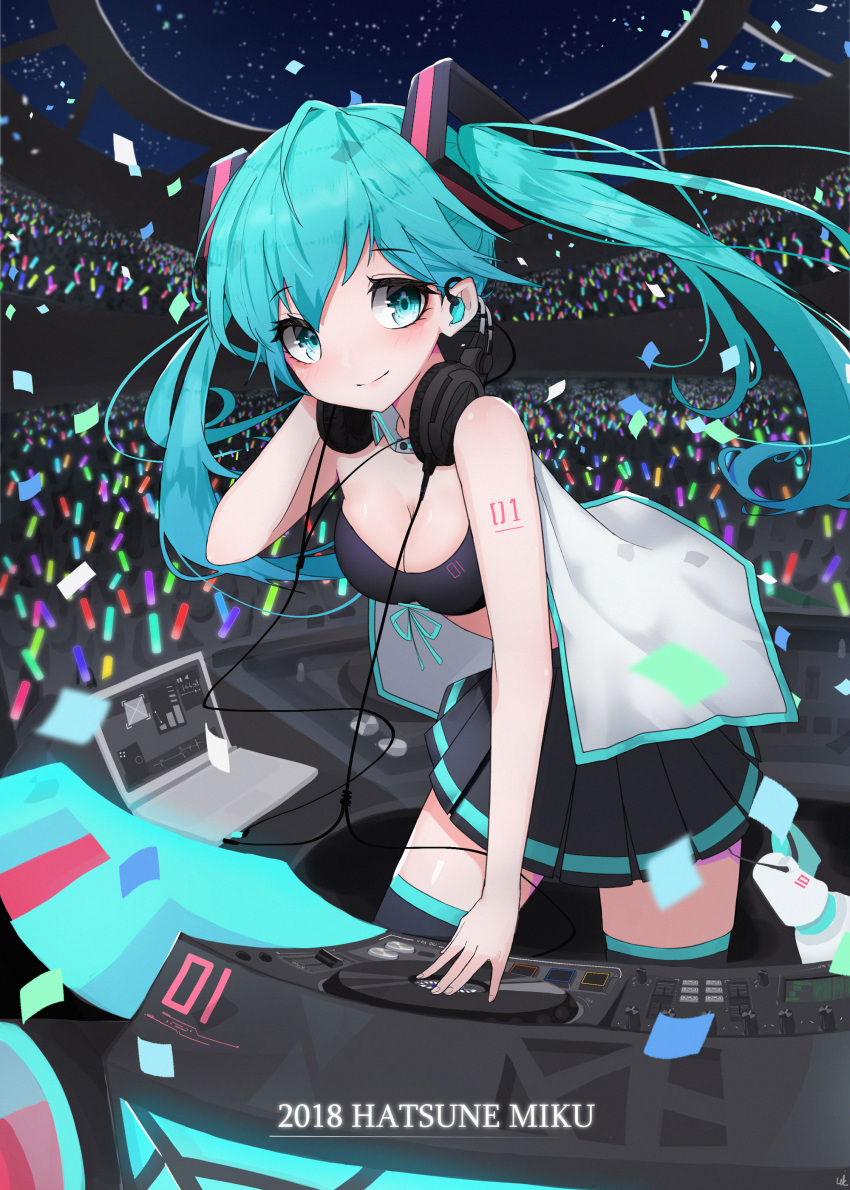 2018 absurdres aqua_eyes aqua_hair audience character_name crowd earbuds earphones eyebrows_visible_through_hair glowstick hatsune_miku headphones headphones_around_neck highres long_hair night number_tattoo pleated_skirt skirt solo_focus tattoo thighhighs twintails very_long_hair vocaloid w.k