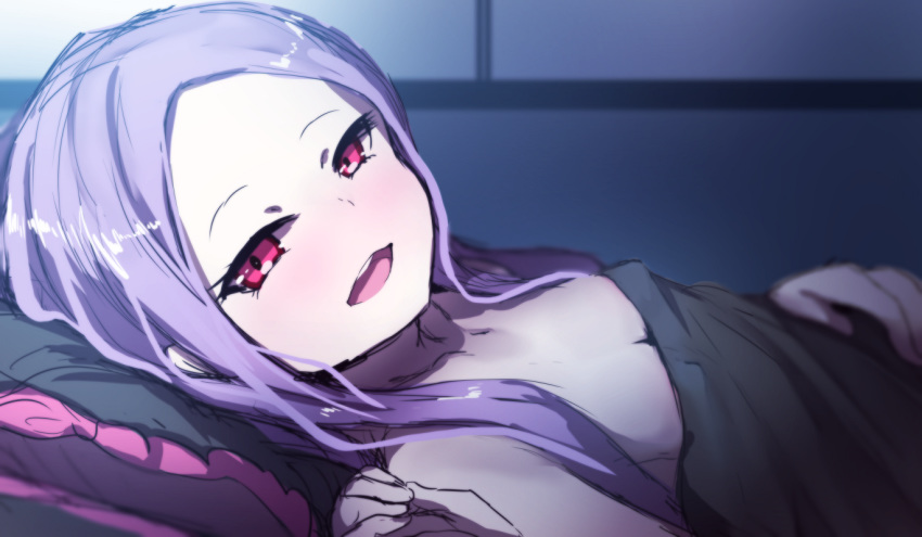 :d bad_id bad_pixiv_id bangs blush breasts cleavage collarbone fate/grand_order fate_(series) forehead long_hair looking_at_viewer looking_to_the_side lying naked_sheet on_back open_mouth parted_bangs pillow purple_eyes purple_hair sketch small_breasts smile solo under_covers upper_teeth wada_kazu wu_zetian_(fate/grand_order)