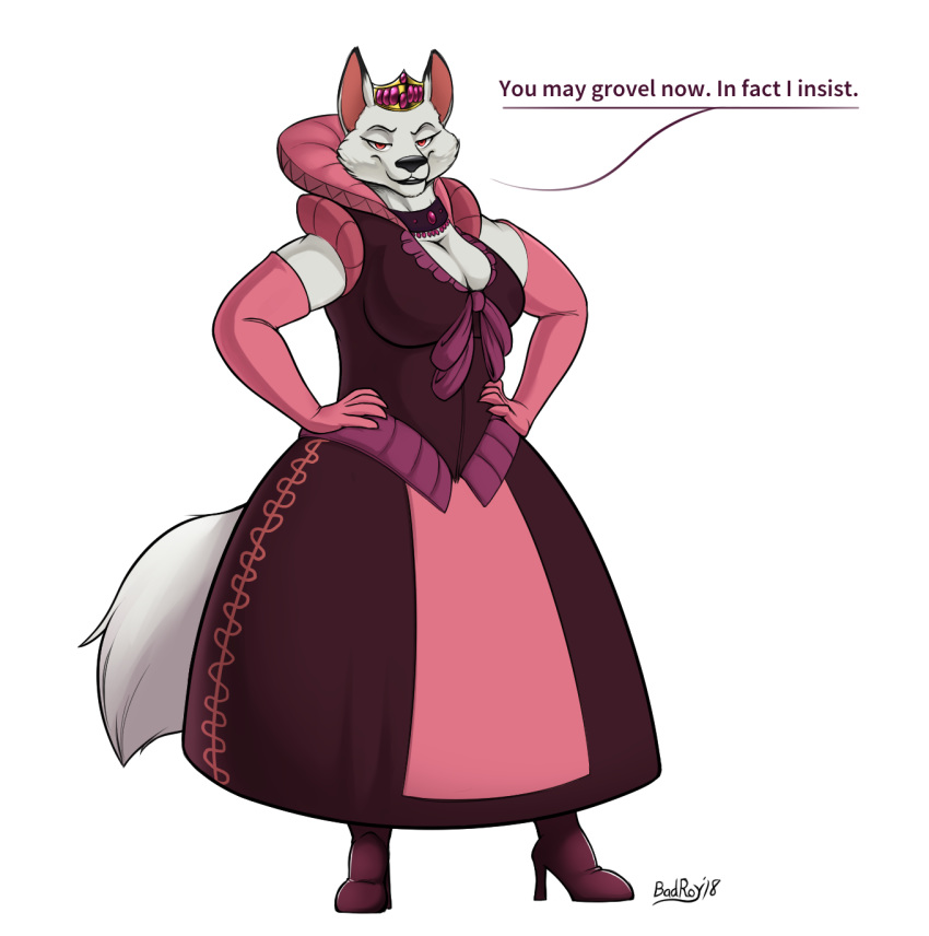 2018 anthro badroy big_breasts black_lips black_nose bow breasts canine choker cleavage clothed clothing crown dialogue dress elizabethan_collar female footwear fox gloves hands_on_hips high_heels looking_at_viewer mammal mature_female nakhta queen red_eyes royalty shoes slightly_chubby solo talking_to_viewer the_pirate's_fate