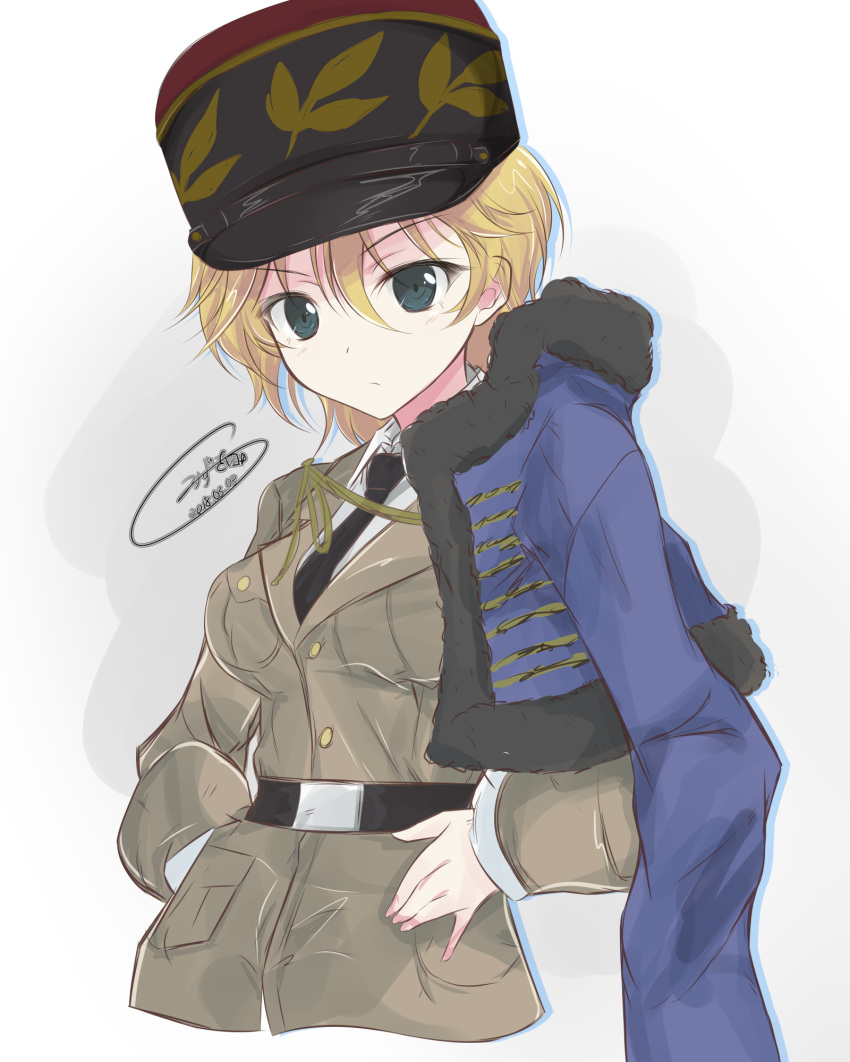 artist_name asparagus_(girls_und_panzer) bc_freedom_military_uniform belt black_belt black_neckwear blonde_hair blue_jacket brown_jacket closed_mouth commentary cropped_torso dated dress_shirt eyebrows_visible_through_hair frown getsumen_suibaku_ver._a(c) girls_und_panzer girls_und_panzer_ribbon_no_musha green_eyes hands_on_hips hat highres jacket jacket_on_shoulders military military_uniform necktie red_hat shako_cap shirt short_hair signature solo uniform upper_body white_shirt wing_collar