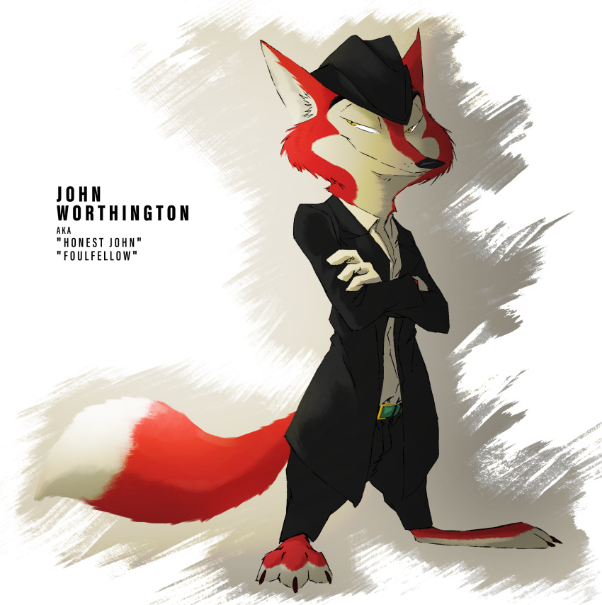 "honest"_john_foulfellow 2018 anthro barefoot belt canine cheek_tuft claws clothed clothing dipstick_tail english_text fox gloves half-closed_eyes hat looking_at_viewer male mammal multicolored_tail open_jacket pinocchio simple_background standing suit text thewyvernsweaver toe_claws tuft yellow_eyes