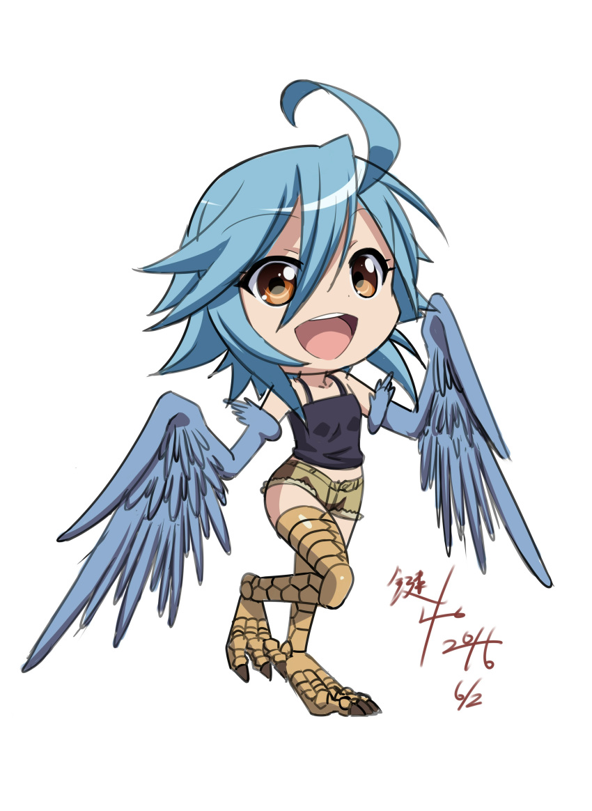 :d absurdres ahoge bare_shoulders blue_hair blue_wings chibi claws dated eyebrows_visible_through_hair full_body hair_between_eyes harpy highres kagiyama_(gen'ei_no_hasha) looking_at_viewer monster_girl monster_musume_no_iru_nichijou open_mouth papi_(monster_musume) short_shorts shorts signature simple_background smile solo standing standing_on_one_leg tank_top white_background winged_arms wings