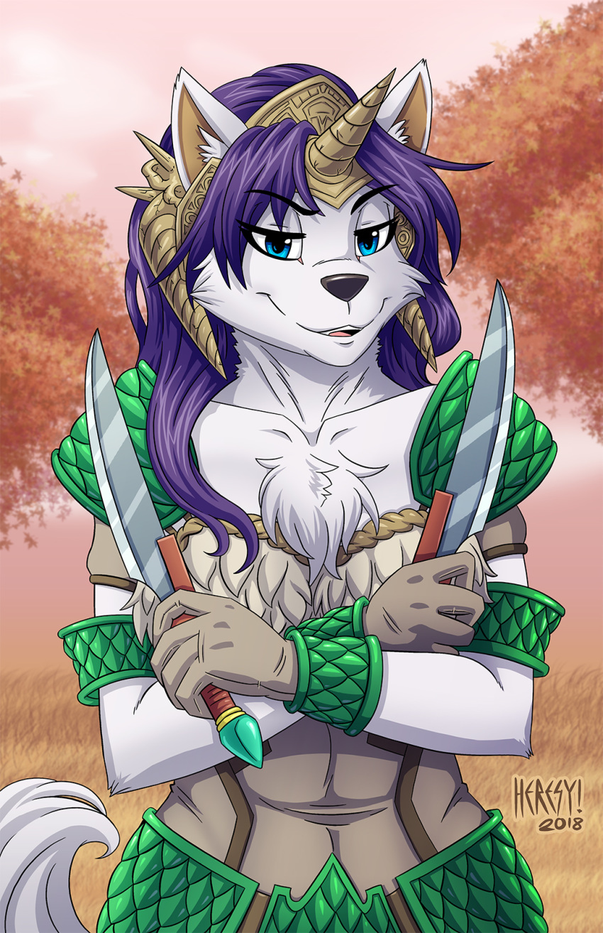 2018 anthro armor black_nose blue_eyes breasts canine chest_tuft clothing dagger female fur gloves grass hair headdress helmet heresy_(artist) horn legend_of_mana looking_at_viewer mammal mana_(series) melee_weapon outside purple_hair sierra_(mana) tree tuft video_games weapon white_backdrop white_fur wolf