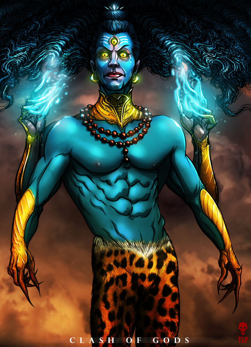 blue_skin claws clothed clothing deity ear_piercing forehead_eyes glowing glowing_eyes jewelry looking_at_viewer magic male multi_arm multi_limb necklace not_furry piercing shiva solo the-last-phantom topless yellow_eyes