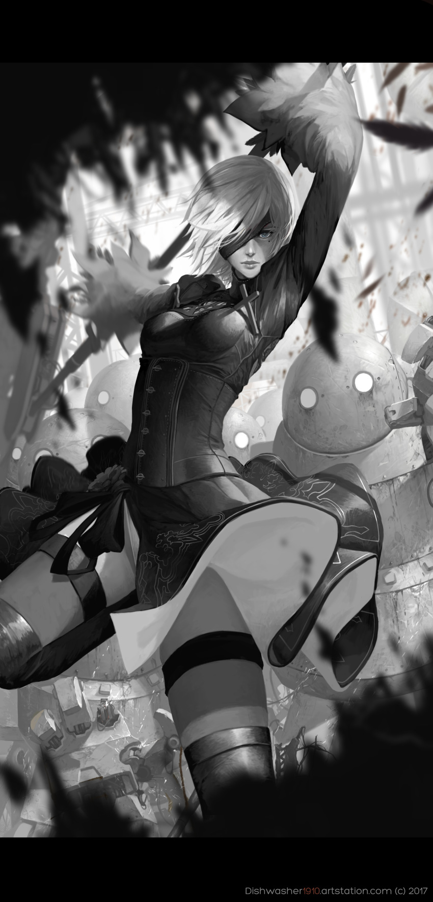absurdres arms_up artist_name artstation_username back_cutout blindfold boots breasts closed_mouth corset cross day dishwasher1910 dress feather-trimmed_sleeves flower highres leotard leotard_peek lips long_sleeves looking_at_viewer medium_breasts mole mole_under_eye nier_(series) nier_automata one_eye_covered ruby_rose rwby short_sleeves solo standing standing_on_one_leg thigh_boots thighhighs thighhighs_under_boots turtleneck watermark web_address work_in_progress yorha_no._2_type_b