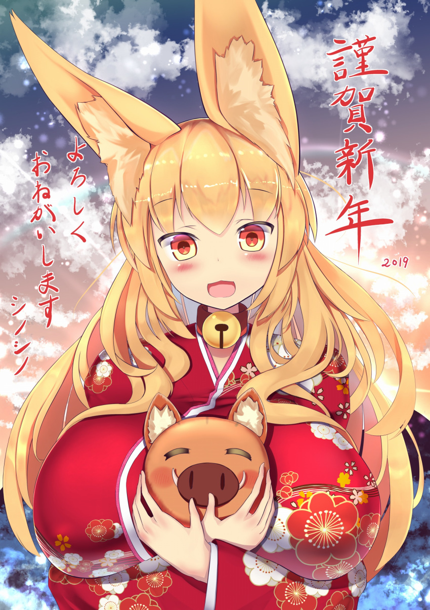 1girl absurdres animal_ears bell bell_collar between_breasts blonde_hair blush boar breasts chinese_zodiac collar fox_ears happy_new_year highres huge_breasts japanese_clothes kimono long_hair looking_at_viewer new_year open_mouth orange_eyes original shinoshinosp smile solo year_of_the_pig