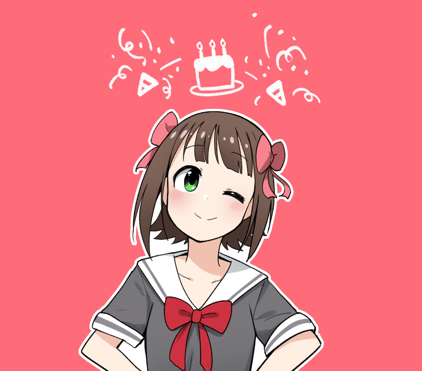 ;) amami_haruka bangs blunt_bangs blush bow bowtie brown_hair cake candle closed_mouth eyebrows_visible_through_hair food grey_shirt hair_bow head_tilt highres idolmaster idolmaster_(classic) junsuina_fujunbutsu looking_at_viewer one_eye_closed outline party_popper pink_background pink_bow red_bow red_neckwear sailor_collar school_uniform serafuku shirt short_hair simple_background smile solo tareme upper_body white_outline white_sailor_collar