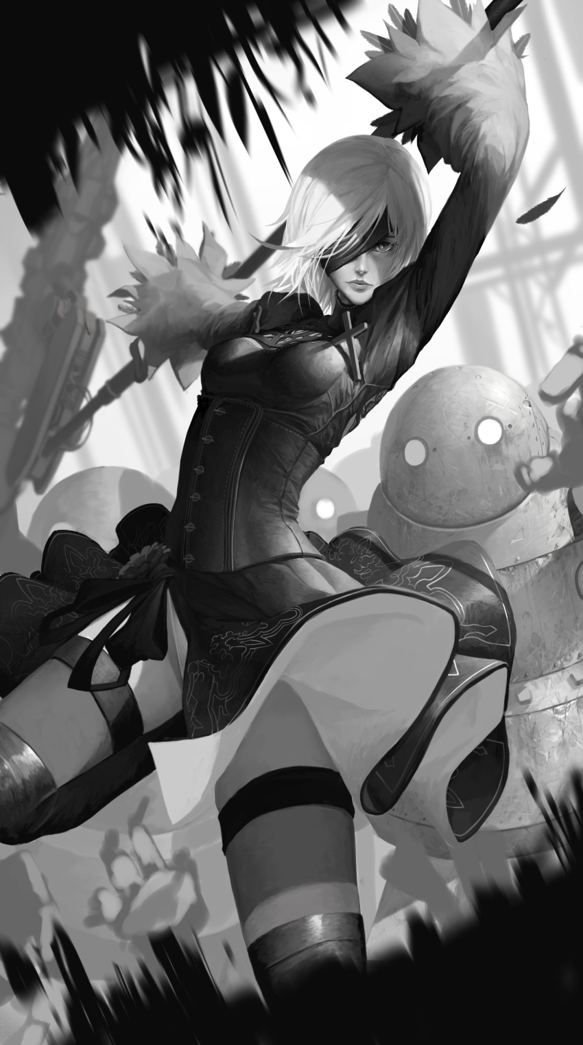 absurdres arms_up artist_name artstation_username back_cutout blindfold boots breasts closed_mouth corset cross day dishwasher1910 dress feather-trimmed_sleeves flower highres leotard leotard_peek lips long_sleeves looking_at_viewer medium_breasts mole mole_under_mouth nier_(series) nier_automata one_eye_covered ruby_rose rwby short_sleeves solo standing standing_on_one_leg thigh_boots thighhighs thighhighs_under_boots turtleneck watermark web_address work_in_progress yorha_no._2_type_b