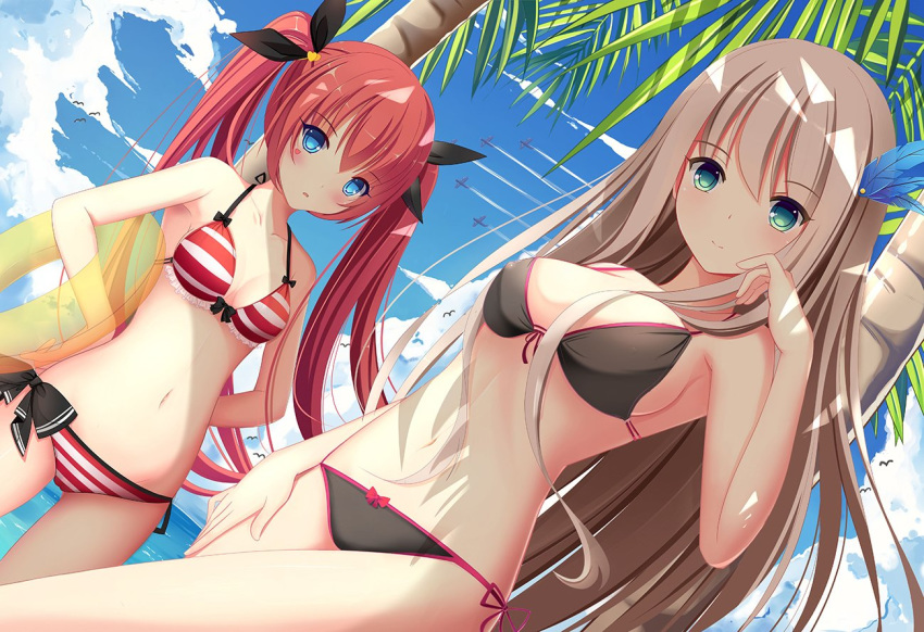 aircraft bikini blue_eyes breasts cloud collarbone commentary_request day front-tie_top hair_ornament hair_ribbon innertube large_breasts lexington_(zhan_jian_shao_nyu) long_hair looking_at_viewer medium_breasts multiple_girls navel palm_tree ravenlord_tuta red_hair ribbon shade side-tie_bikini sky small_breasts striped striped_bikini swimsuit taihou_(zhan_jian_shao_nyu) tree twintails yellow_innertube zhan_jian_shao_nyu