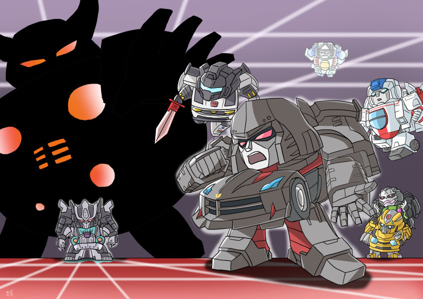 april_fools autobot blue_eyes bumblebee chibi commentary_request decepticon full_body grimlock headgear highres holding holding_sword holding_weapon insignia jetfire lockdown_(transformers) megatron multiple_boys nemesis_prime no_humans open_mouth q-transformers red_eyes spirit standing starscream sword transformers unicron weapon yabunoki